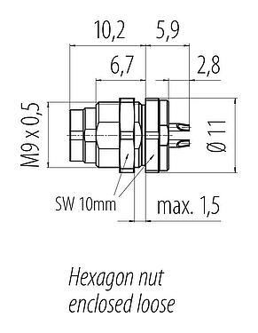 Scale drawing M9 Male panel mount connector, Contacts: 3, unshielded, solder, IP40, M9x0,5, Rear mounting