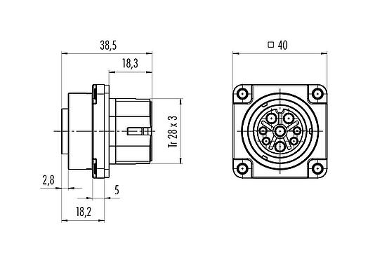 Disegno in scala Baionetta Connettore femmina a flangia, Numero poli: 12, non schermato, crimpare (I contatti a crimpare devono essere ordinati separatamente), IP68/IP69K, UL 2238, VDE, Montaggio anteriore, UV-Beständig
