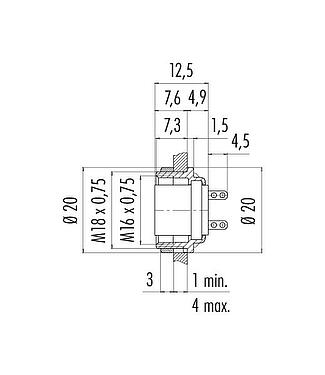 Dibujo a escala M16 Toma de brida, Número de contactos: 8 (08-a), sin blindaje, soldadura, IP40, M18x0,75, Montaje en pared