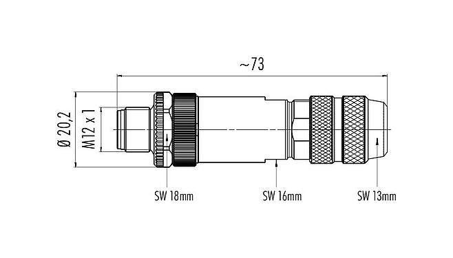 縮尺図 99 1433 810 04 - M12 オスコネクタケーブル, 極数: 4, 5.0-8.0mm, シールド可能, 圧着（ピンコンタクトは別途注文要), IP67, UL