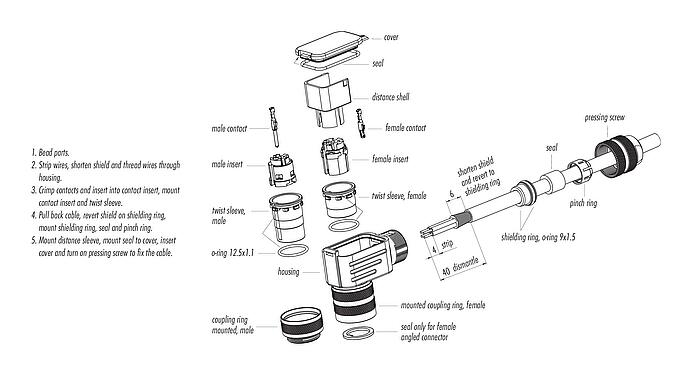 Istruzioni di montaggio M16 Connettore angolare femmin, Numero poli: 6 (06-a), 6,0-8,0 mm, schermabile, crimpare (I contatti a crimpare devono essere ordinati separatamente), IP67, UL 2238