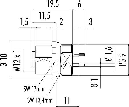 縮尺図 M12 メスパネルマウントコネクタ, 極数: 4, 非シールド, THT, IP67, UL 2238, PG 9, フロントマウント