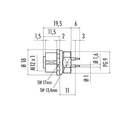 Maßzeichnung M12 Flanschdose, Polzahl: 4, ungeschirmt, THT, IP67, UL 2238, PG 9, Frontmontage