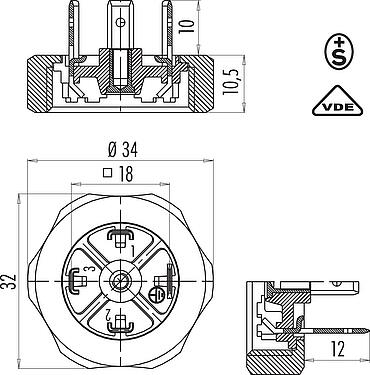 縮尺図 オス電源コネクタ, 極数: 3+PE, 非シールド, はんだ, シールなしのIP40, VDE, ESTI+, ユニオンナット