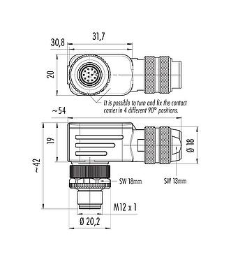 比例图 M12 弯角针头电缆连接器, 极数: 12, 6.0-8.0mm, 可接屏蔽, 焊接, IP67, UL 2238, 带防护环