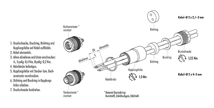 Montageanleitung M12 Duo-Kabelstecker, Polzahl: 5, 2.1-3.0 mm (2 Kabel) oder 4-5 mm (2 Kabel), ungeschirmt, schraubklemm, IP67, UL 2238