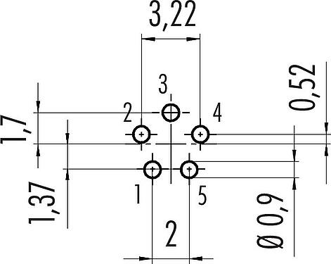 Layout dos condutores M9 Soquete de flange, angular, Contatos: 5, desprotegido, THT, IP40, Montagem frontal