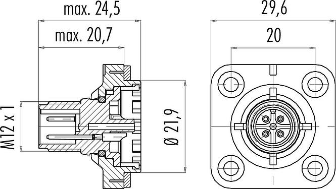 Scale drawing M12 Square male panel mount connector, Contacts: 4, unshielded, solder, IP40, M3 (4x), Front mounting, Positionable coding alignment