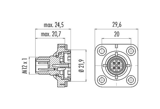 比例圖 09 0433 16 05 - M12 針頭方型法蘭座, : 5, 非遮罩, 焊接, IP40, 方形