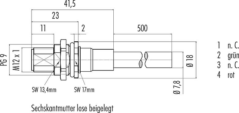 Maßzeichnung M12 Flanschstecker, Polzahl: 2, geschirmt, mit Kabel konfektioniert, IP68, PG 9, Profibus, PUR, violett, 1 x 2 x 0,25 mm², Frontmontage, 0,5 m