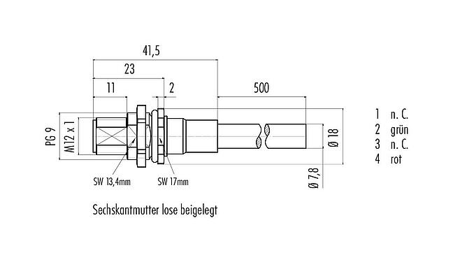 Maßzeichnung M12 Flanschstecker, Polzahl: 2, geschirmt, mit Kabel konfektioniert, IP68, PG 9, Profibus, PUR, violett, 1 x 2 x 0,25 mm², Frontmontage, 0,5 m