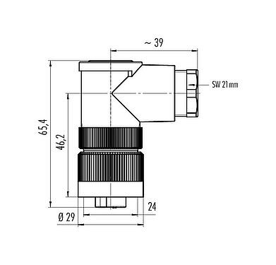 Schaaltekening RD24 Female haakse connector, aantal polen: 6+PE, 10,0-12,0 mm, onafgeschermd, krimpen (krimpcontacten dienen afzonderlijk te worden besteld), IP67, UL, ESTI+, VDE, PG 13,5