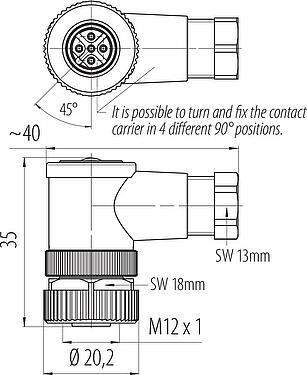 Mittakaavapiirustus M12 Kulmarasia, Napojen määrä: 5, 4,0-6,0 mm, suojaamaton, ruuviliitin, IP67, UL 2238