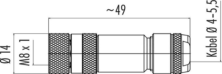 Maßzeichnung M8 Kabeldose, Polzahl: 3, 4,0-5,5 mm, schirmbar, schraubklemm, IP67, UL 2238, Irisfeder