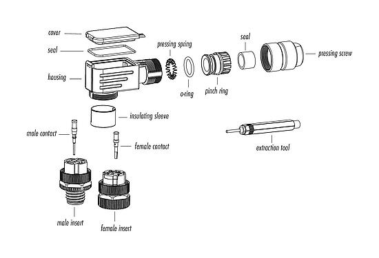 Component part drawing 99 1433 820 04 - M12 Male angled connector, Contacts: 4, 5.0-8.0 mm, shieldable, crimping (Crimp contacts must be ordered separately), IP67, UL