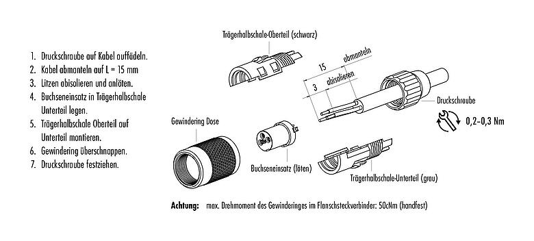 Montageanleitung M9 Kabeldose, Polzahl: 3, 3,0-4,0 mm, ungeschirmt, löten, IP40