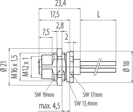 Disegno in scala M12 Connettore femmina a flangia, Numero poli: 3, non schermato, fili singoli, IP68, UL 2238, M16x1,5, Montaggio su panello posteriore, modellato