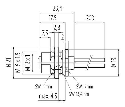 比例图 M12 孔头法兰座, 极数: 3, 非屏蔽, 带导线, IP68, UL 2238, M16x1.5, 後壁安裝