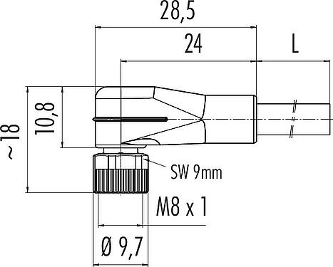 Scale drawing M8 Female angled connector, Contacts: 4, unshielded, moulded on the cable, IP67/IP69K, UL 2238, PVC, grey, 4 x 0.34 mm², 2 m