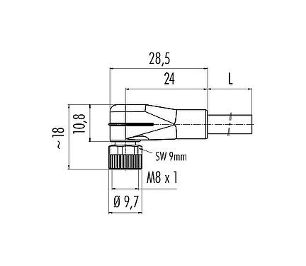 Disegno in scala M8 Connettore angolare femmin, Numero poli: 5, non schermato, stampato sul cavo, IP67/IP69K, UL 2238, PUR, nero, 5 x 0,34 mm², 2 m