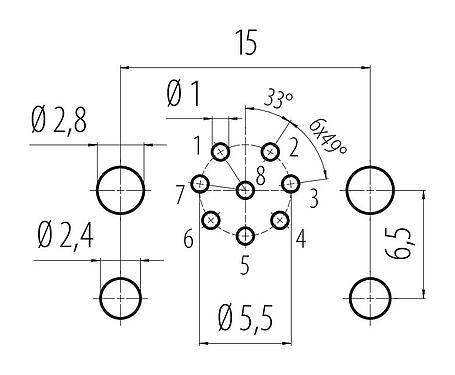 導體佈局 99 3482 200 08 - M12 孔頭法蘭座, : 8, 非遮罩, THR, IP68, UL, 用於PCB組裝