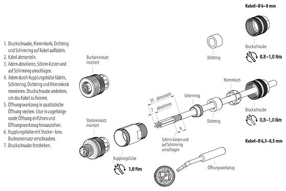 Montageanleitung M12 Kabelstecker, Polzahl: 5, 6,5-8,5 mm, schirmbar, Käfigzugfeder, IP67, mit Schirmring