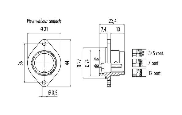 Scale drawing Bayonet Male panel mount connector, Contacts: 7, unshielded, solder, IP40, Front mounting
