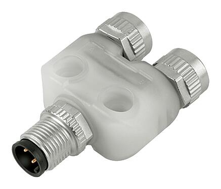 Abbildung M12 Zweifachverteiler, Y-Verteiler, Stecker - 2 Dosen, Polzahl: 4/3, ungeschirmt, steckbar, IP68, UL 2238, mit LED PNP