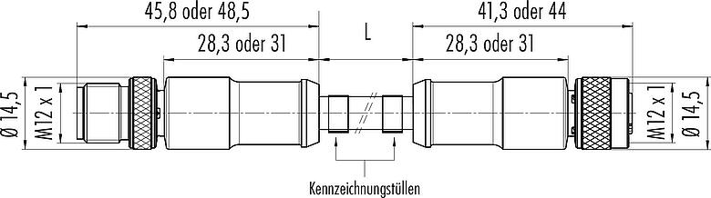 Maßzeichnung M12 Verbindungsleitung Kabelstecker - Kabeldose, Polzahl: 5, geschirmt, am Kabel angespritzt, IP67, UL 2238, PUR, schwarz, 5 x 0,25 mm², 2 m