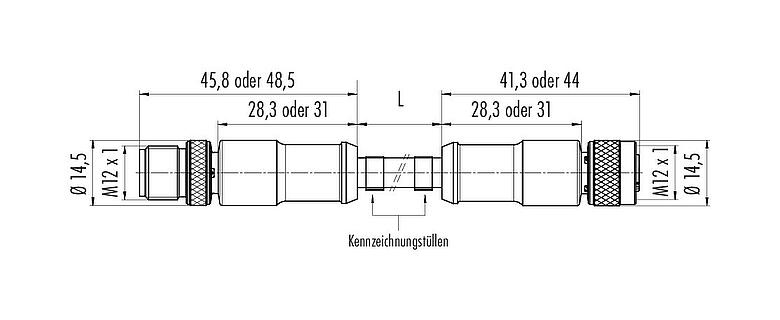 Maßzeichnung M12 Verbindungsleitung Kabelstecker - Kabeldose, Polzahl: 5, geschirmt, am Kabel angespritzt, IP67, UL 2238, PUR, schwarz, 5 x 0,25 mm², 2 m