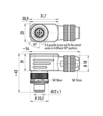 Scale drawing M12 Male angled connector, Contacts: 5, 6.0-8.0 mm, shieldable, wire clamp, IP67, with shielding ring