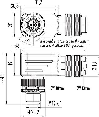 스케일 드로잉 M12 각진 플러그, 콘택트 렌즈: 5, 6.0-8.0mm, 차폐 가능, 케이지 클램프, IP67, 차폐 링 포함