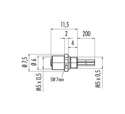 Dessin coté M5 Embase femelle, Contacts: 4, non blindé, fils, IP67, M5x0,5, Montage frontal