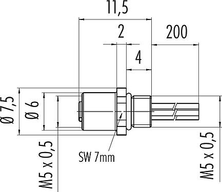 Scale drawing M5 Female panel mount connector, Contacts: 3, unshielded, single wires, IP67, M5x0.5, Front mounting, potted