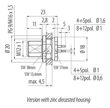 Méretarányos rajz M12 panelre szerelhető csatlakozó, : 12, árnyékolatlan, THT, IP68, UL 2238, PG 9, hátsó panel felszerelés