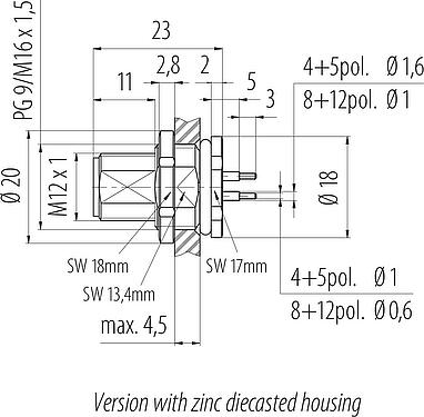 Scale drawing M12 Male panel mount connector, Contacts: 12, unshielded, THT, IP68, UL 2238, PG 9, Rear mounting, potted