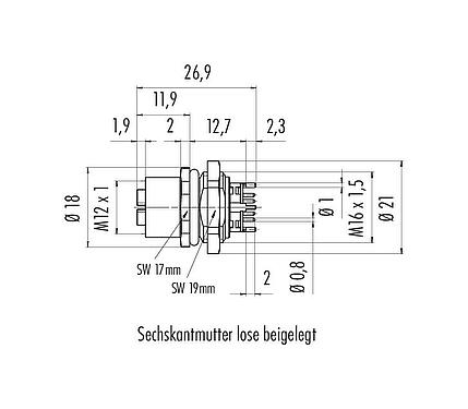 Maßzeichnung M12 Flanschdose, Polzahl: 8, schirmbar, THT, IP67, UL, M16x1,5, Frontmontage