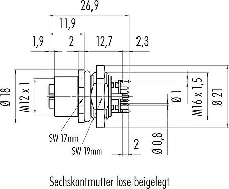 Maßzeichnung M12 Flanschdose, Polzahl: 8, schirmbar, THT, IP67, UL, M16x1,5, Frontmontage