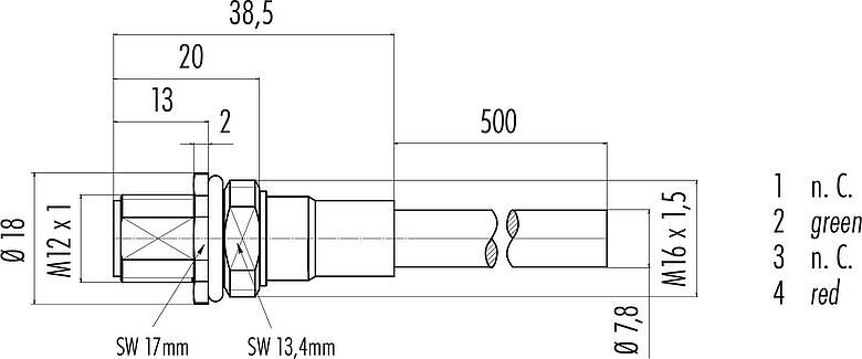 Disegno in scala M12 Connettore maschio a flangia, Numero poli: 2, schermato, assemblati con cavo, IP68, M16x1,5, Profibus, PUR, viola, 1 x 2 x 0,25 mm², Montaggio anteriore, 0,5 m
