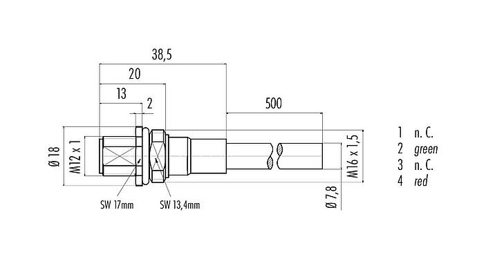 Scale drawing M12 Male panel mount connector, Contacts: 2, shielded, with cable assembled, IP68, M16x1.5, Profibus, PUR, violet, 1 x 2 x 0.25 mm², Front mounting, 0.5 m