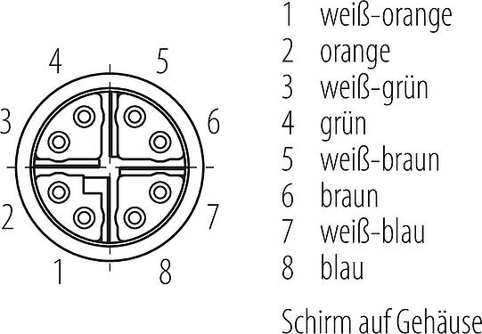 Polbild (Steckseite) M12 Schaltschrankdurchführung, Polzahl: 8, geschirmt, steckbar, IP67, UL, Rückwandmontage