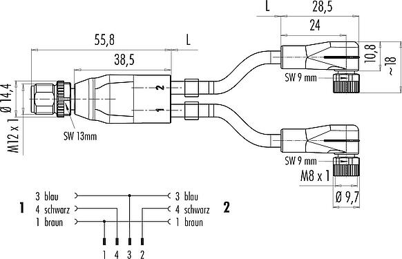 Maßzeichnung M12/M8 Kabelsplitter Kabelstecker - 2 Winkeldosen, Polzahl: 4/3, ungeschirmt, am Kabel angespritzt, IP67, UL 2238, PUR, schwarz, 3 x 0,34 mm², mit LED PNP, 1 m