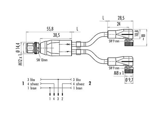 Maßzeichnung M12/M8 Kabelsplitter Kabelstecker - 2 Winkeldosen, Polzahl: 4/3, ungeschirmt, am Kabel angespritzt, IP67, UL 2238, PUR, schwarz, 3 x 0,34 mm², mit LED PNP, 1 m