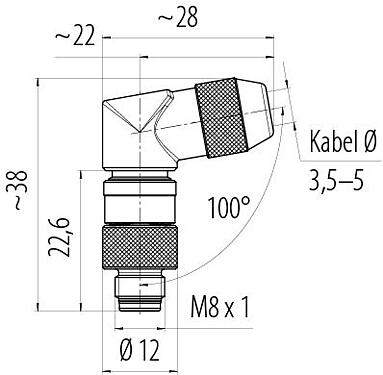 Maßzeichnung M8 Winkelstecker, Polzahl: 3, 3,5-5,0 mm, schirmbar, löten, IP67, UL 2238