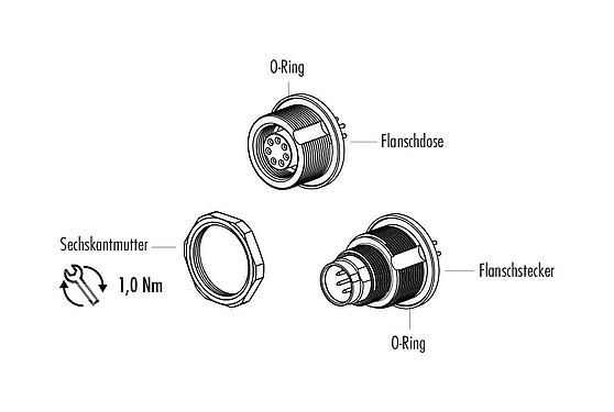 Einzelteildarstellung M9 Flanschdose, Polzahl: 4, ungeschirmt, THT, IP67, M12x0,5, Rückwandmontage