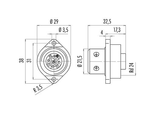 Schaaltekening RD24 Female panel mount connector, aantal polen: 3+PE, onafgeschermd, schroefklem, IP67, UL, ESTI+, VDE, Frontaansluiting