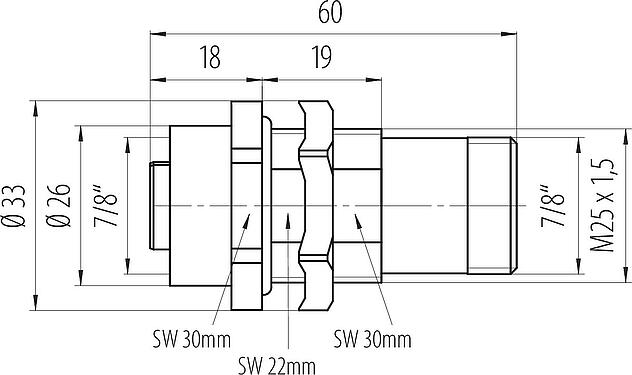 比例图 7/8" 用于穿控制柜, 极数: 5, 非屏蔽, 插拔式, IP67, VDE, 後壁安裝