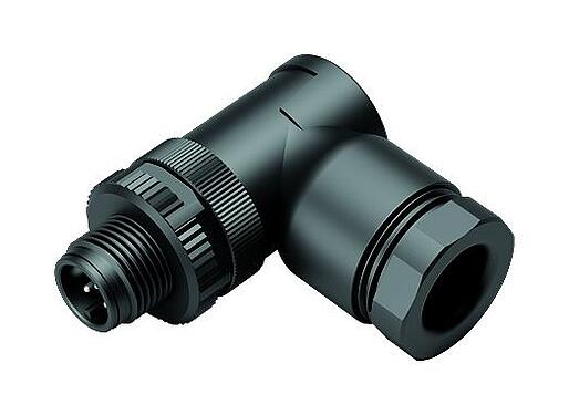 Illustration M12 Male angled connector, Contacts: 4, 2.1-3.0 mm (2 cable) or 4-5 mm (2 cable), unshielded, screw clamp, IP67, UL 2238