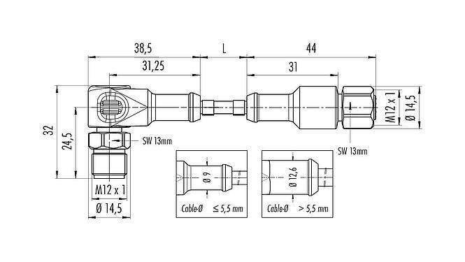 Dessin coté M12 Câble de raccordement connecteurs mâle coudé - connecteurs femelle, Contacts: 12, non blindé, surmoulé sur le câble, IP67/IP69K, Ecolab, FDA conforme, TPE spécial, gris, 12 x 0,25 mm², Industrie alimentaire, Acier inoxydable, 5 m