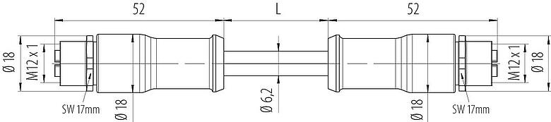 Méretarányos rajz M12 Összekötőkábel 2 kábel aljzat, : 8, árnyékolt, kábelre öntött, IP67, M12x1,0, E-beam X-FRNCL/LSNH, kék, 5 m
